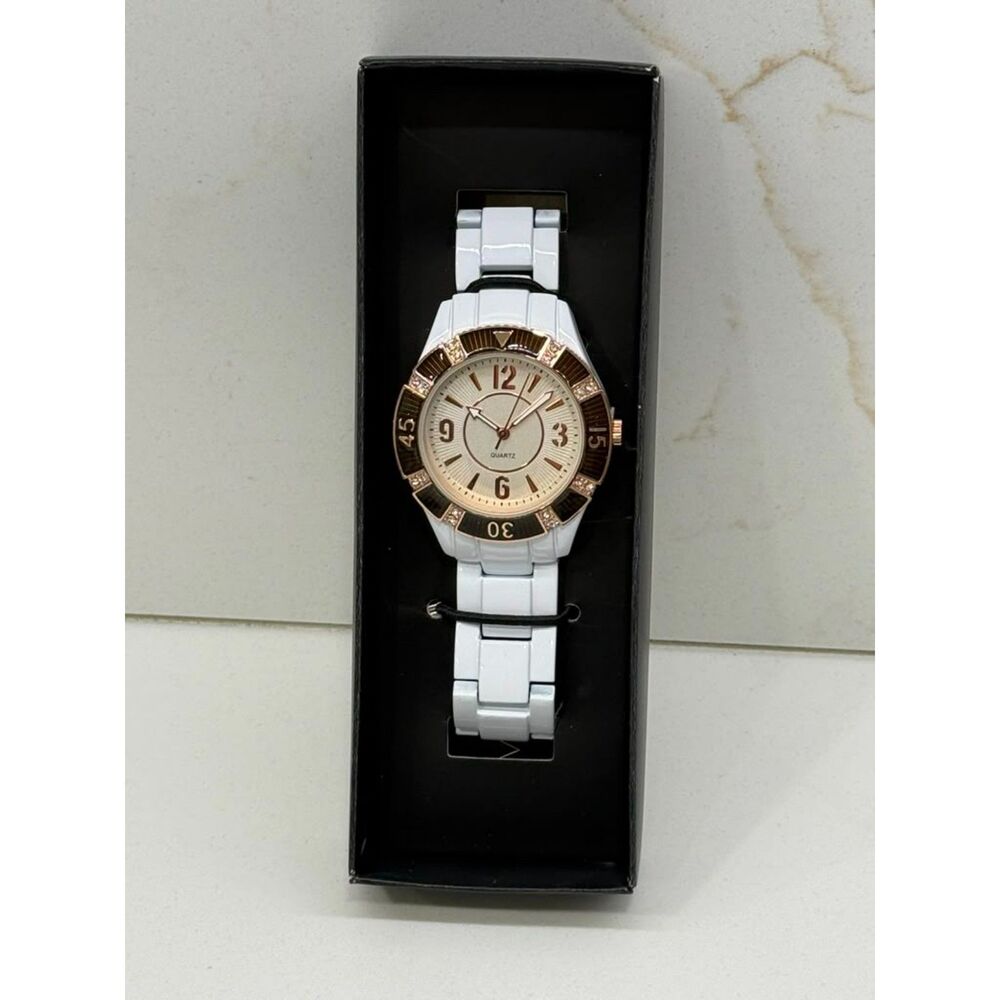 Avon Ceramic Look Color Bracelet Watch White Bronze Bezel NIB Untested
